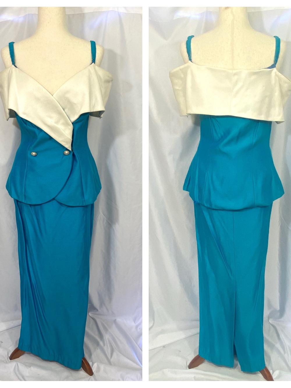 Vintage 90’s  Blue and White Off the Shoulder Formal Top and Skirt Set Medium 10